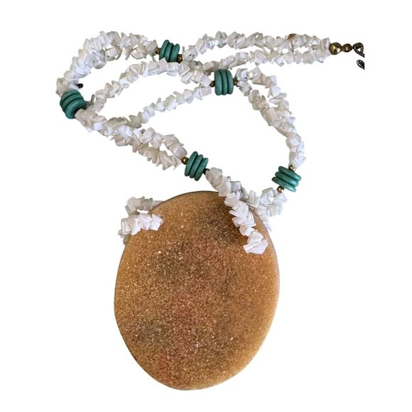 Egyptian Large Inlay Pendant Necklace With Mother Of Pearl Chips Turquoise Beads - Picture 4 of 6